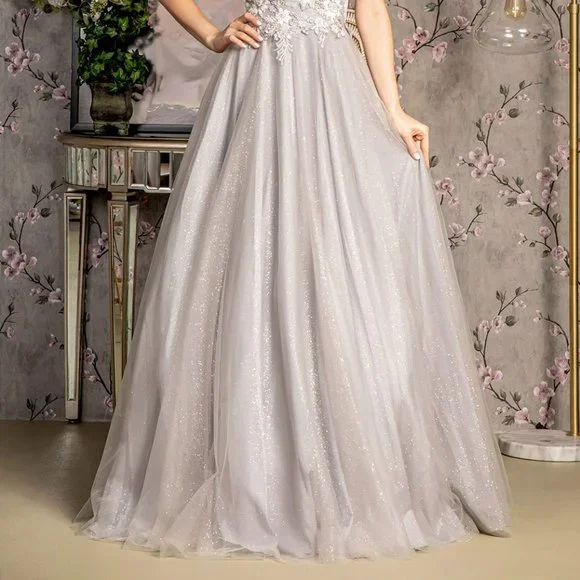 NEW LONG A-LINE SLEEVELESS MESH BEADED DRESS WITH ONE SHOULDER NECKLINE GL3384